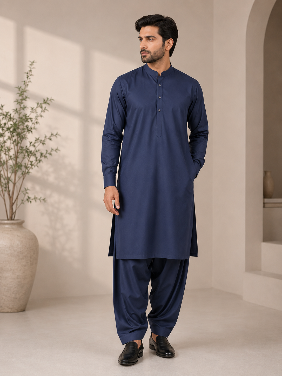 Diyarul Hafiz Premium Wash & Wear Unstitched Fabric – Navy Blue